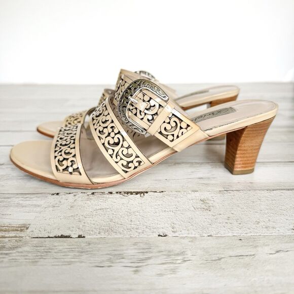 BRIGHTON Tinsel Leather Strappy High Heel Open Toe Beige Sandals Womens Size 7.5 - Picture 2 of 16